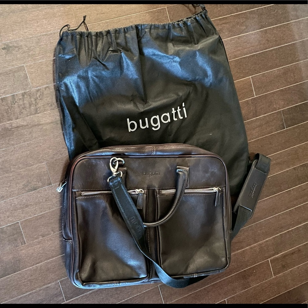 Unisex Bugatti Chocolate Brown Leather Laptop Crossbody Bag